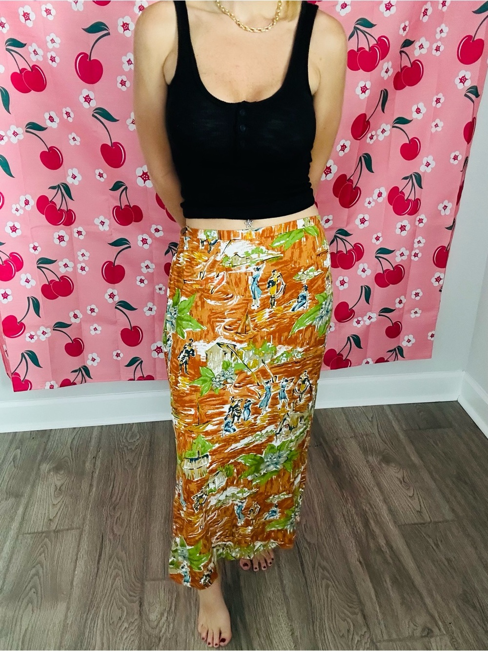 Orange Tropical Print Maxi Skirt